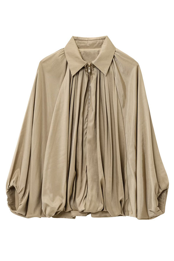 Fashion Lapel Loose Puff Long Sleeve Casual Zipper Jacket