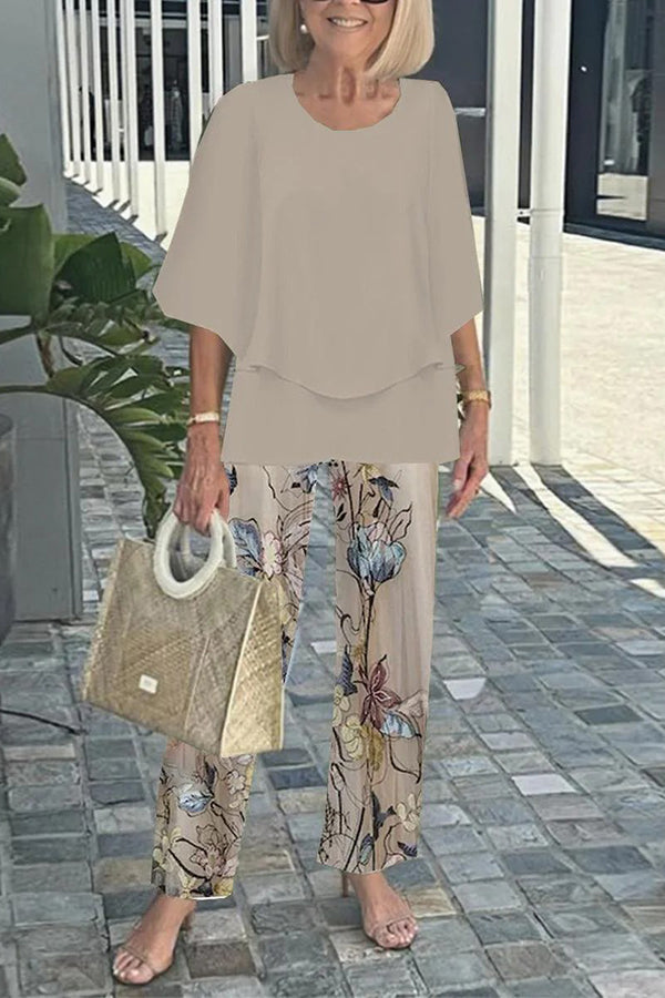 Fashion Round Neck Half Sleeve Loose Top and Elastic Waist Casual Straight Pants Set