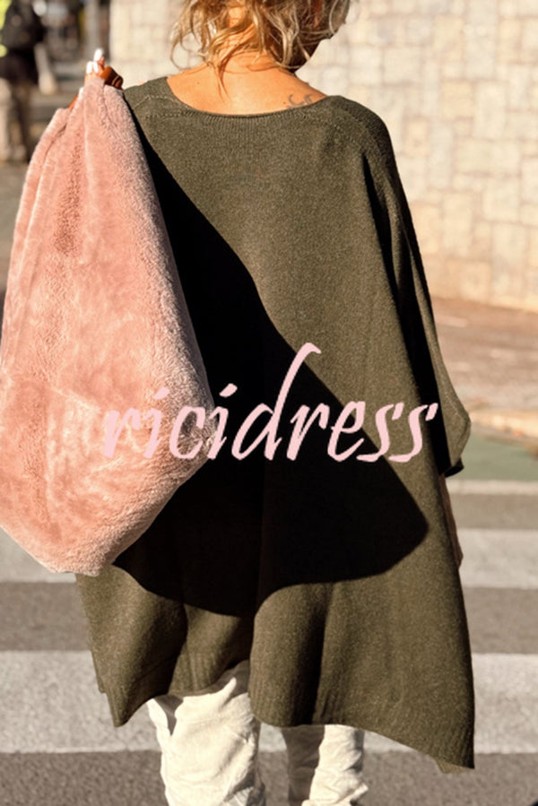 Fashion V-neck Loose Pocket Mid-length Knitted Sweater