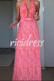 Unique Print Sexy Halter Neck Tie Pleated Vacation Maxi Dress