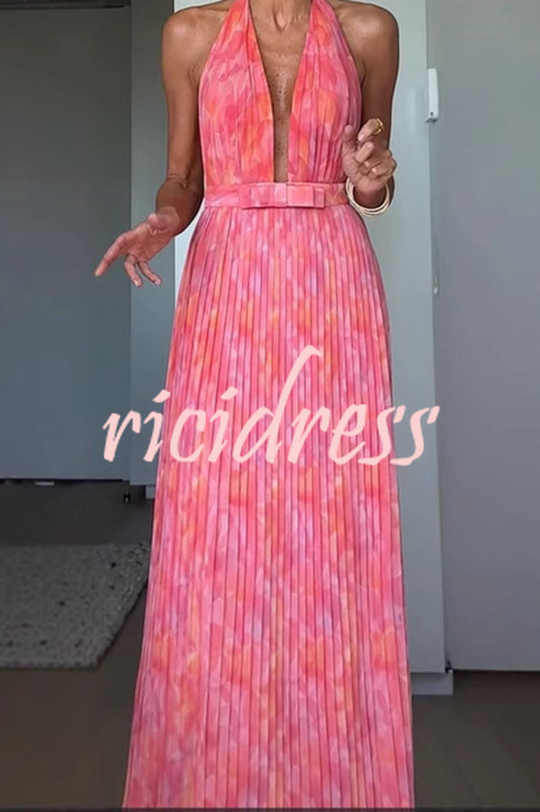 Unique Print Sexy Halter Neck Tie Pleated Vacation Maxi Dress