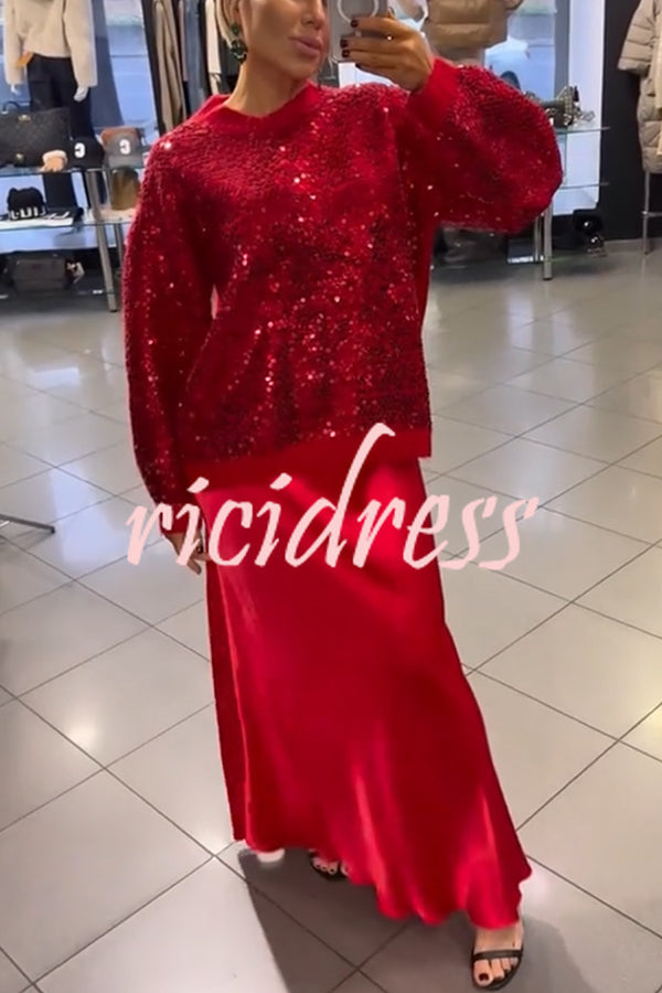 Celebration Day Sequin Patchwork Loose Sweatshirt and Satin Elastic Waist Maxi Skirt Set