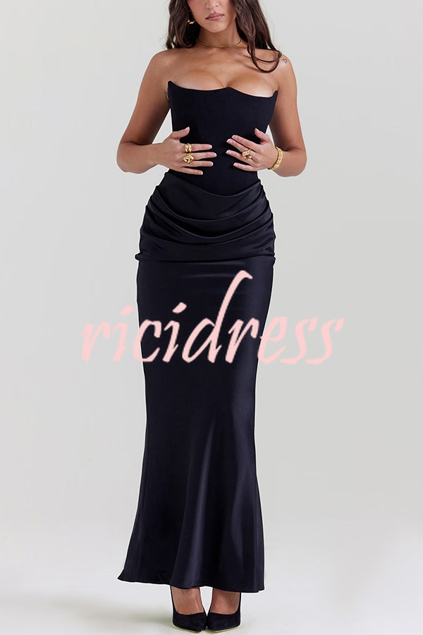 Persephone Crepe and Satin Patchwork Off Shoulder Ruched Maxi Dress