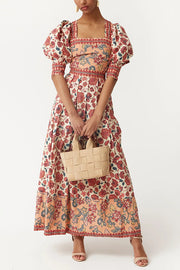 Floral Print Square Neck Puff Sleeve Tie Top and Elegant Casual Maxi Skirt Set