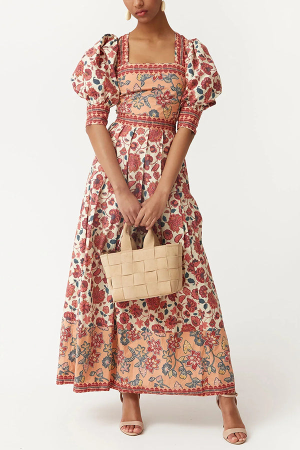 Floral Print Square Neck Puff Sleeve Tie Top and Elegant Casual Maxi Skirt Set