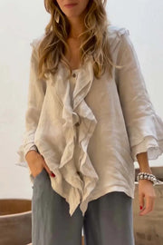 Solid Color V-neck Ruffled Casual Loose Top