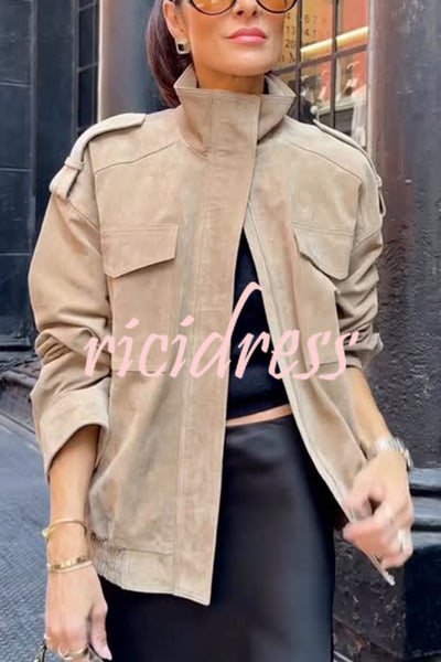 Fashionable Suede Loose Pocket Leather Jacket