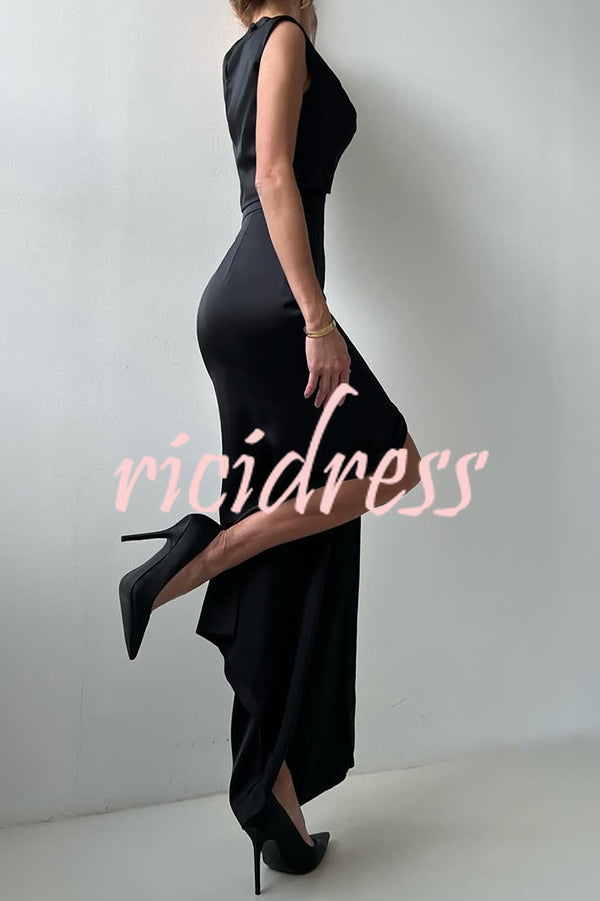 Solid Color Casual Sleeveless Crop Top and Elegant Button-down Maxi Skirt Set