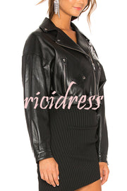 Fashion Lapel Long Sleeve Casual Zipper Pocket Leather Jacket