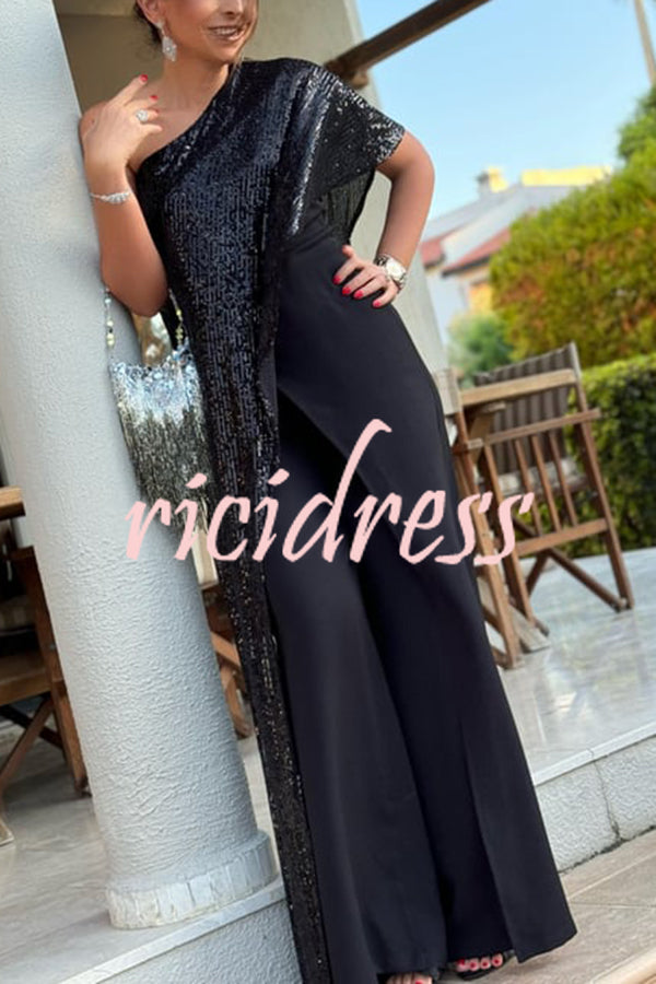 Party Favors Sequin One Shoulder Ruffle Detail Wide Leg Evening Jumpsuit