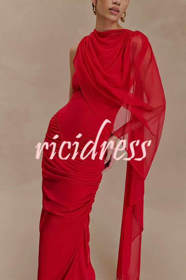Fashionable Mesh Shawl Sleeveless Slim Fit Pleated Maxi Dress