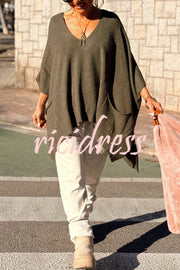 Fashion V-neck Loose Pocket Mid-length Knitted Sweater