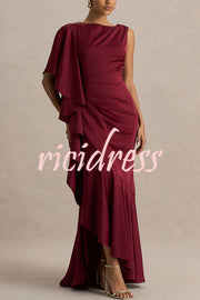 Freya Satin Boat Neck Waterfall Frill Sleeve Drape Maxi Dress