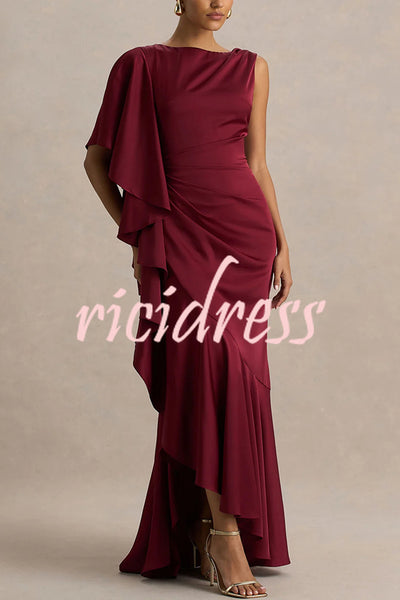 Freya Satin Boat Neck Waterfall Frill Sleeve Drape Maxi Dress