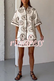 Resort Style Print Lapel Short Sleeve Shirt and Casual Mini Skirt Set