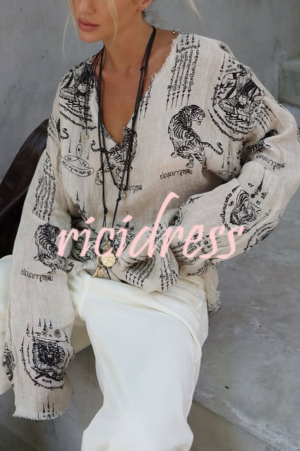 Natural Vibe Linen Blend Unique Print Long Sleeve Loose Shirt