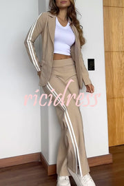 Sporty Mixed Formal Striped Trim Lapel Blazer and Elastic Waist Pocket Loose Pants Set