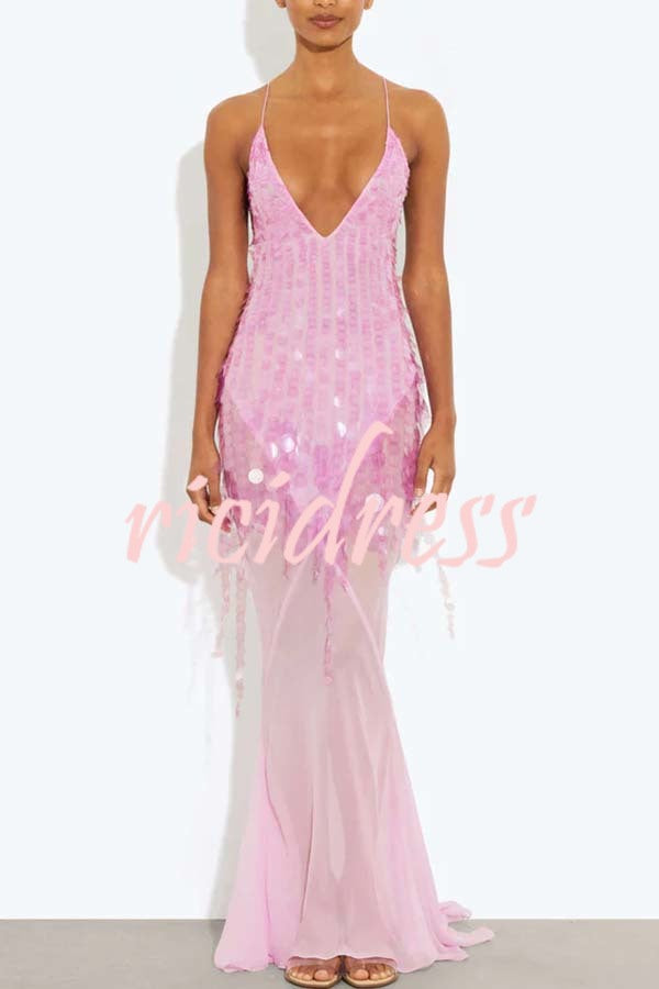 Perfect Night Sequin Embroidery Backless Drape Tulle Hem Slip Maxi Dress