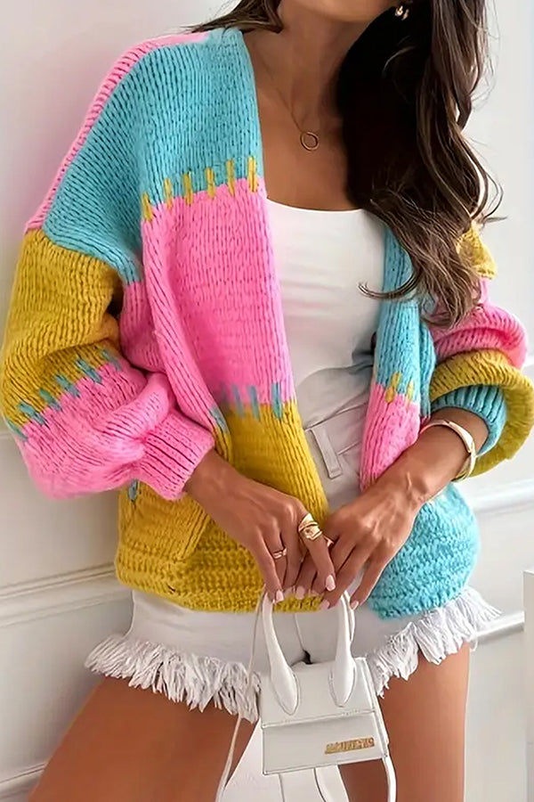Fashionable Contrast Color Stitching Casual Knitted Cardigan
