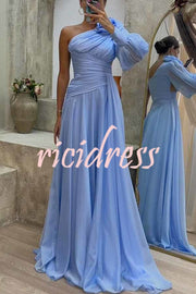 Pretty First Solid Color Floral Pleated One Shoulder Sleeve Slit Maxi Dress