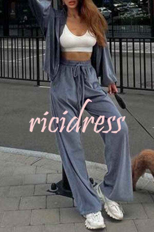 Velvet Zip Up Hooded Top and Drawstring Pants Two Piece Set
