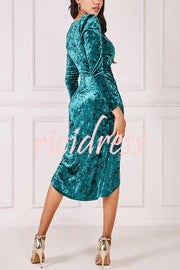 Solid Color Velvet Long-sleeved Slim-fit Slit Midi Dress
