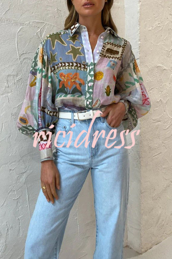Fun and Nostalgic Unique Print Balloon Sleeve Button Loose Shirt