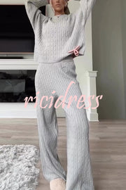 Autumn Travel Knit Cable Long Sleeve Sweater and Elastic High Waist Wide Leg Pants Set