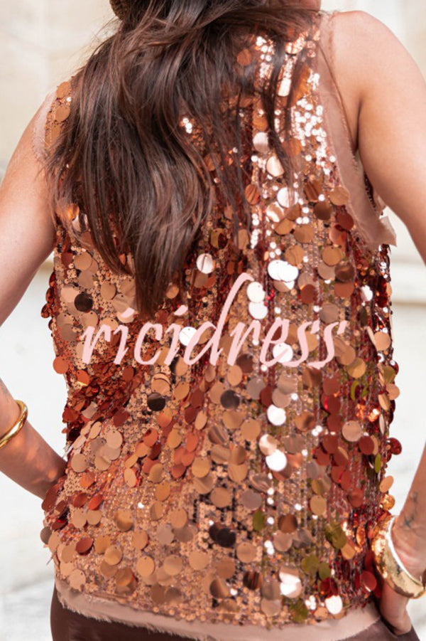 Fashionable Sequined Round Neck Sleeveless Loose Vest