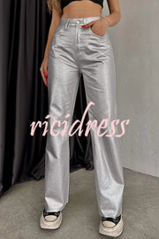 Stylish Metallic Fabric Pocket Casual Straight Wide-Leg Pants