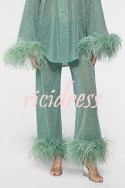 Glitter Fabric Feather Trim Long Sleeve Button Top and Elastic Waist Loose Straight Pants Set