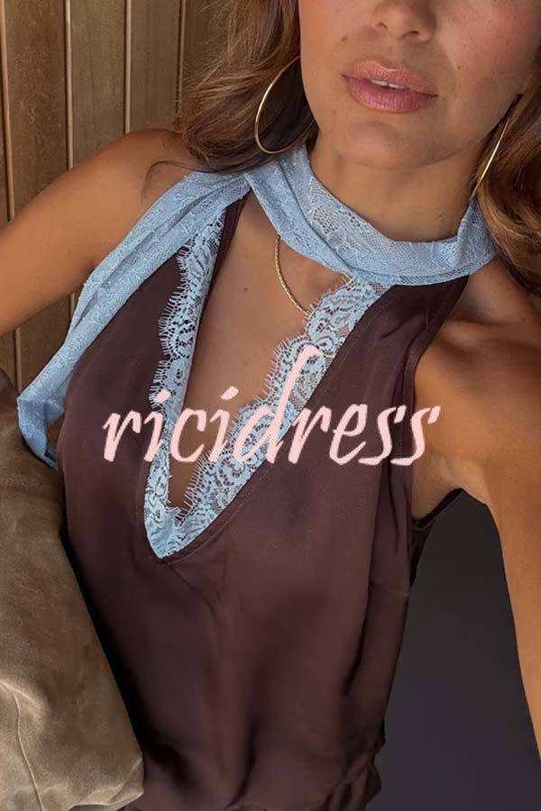 Sunday Social Contrast Color Satin Lace Trim Neck Strap Loose Tank