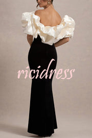 Cecily Velvet Off Shoulder Satin Structured Bardot Neck Stretch Maxi Dress