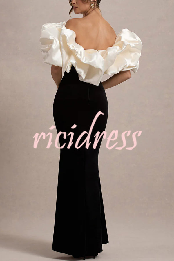 Cecily Velvet Off Shoulder Satin Structured Bardot Neck Stretch Maxi Dress