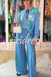 Sunday Breeze Satin Unique Print Button Down Oversized Blouse