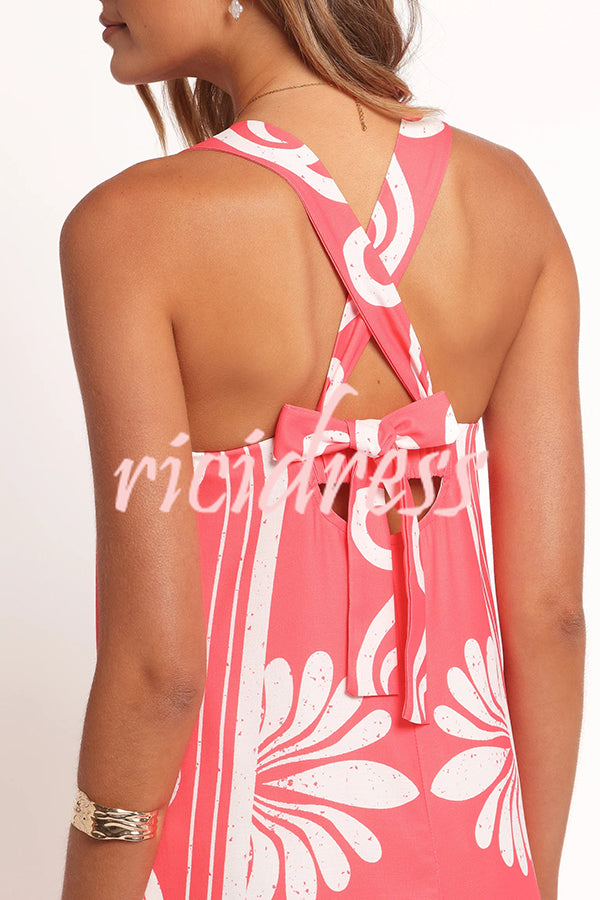 Unique Print Square Neck Open Back Tie Bow Holiday Maxi Dress