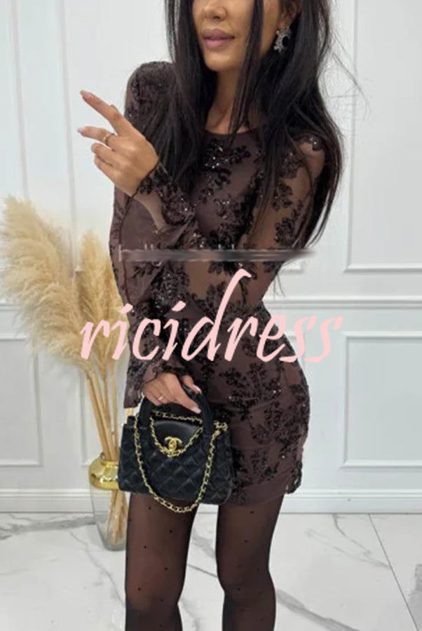 Deep and Dazzling Floral Texture Sequin Long Bell Sleeve Open Back Mini Dress