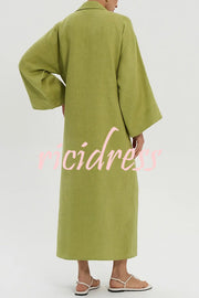 Linen Blend Solid Color Casual Lapel Tie Loose Maxi Dress