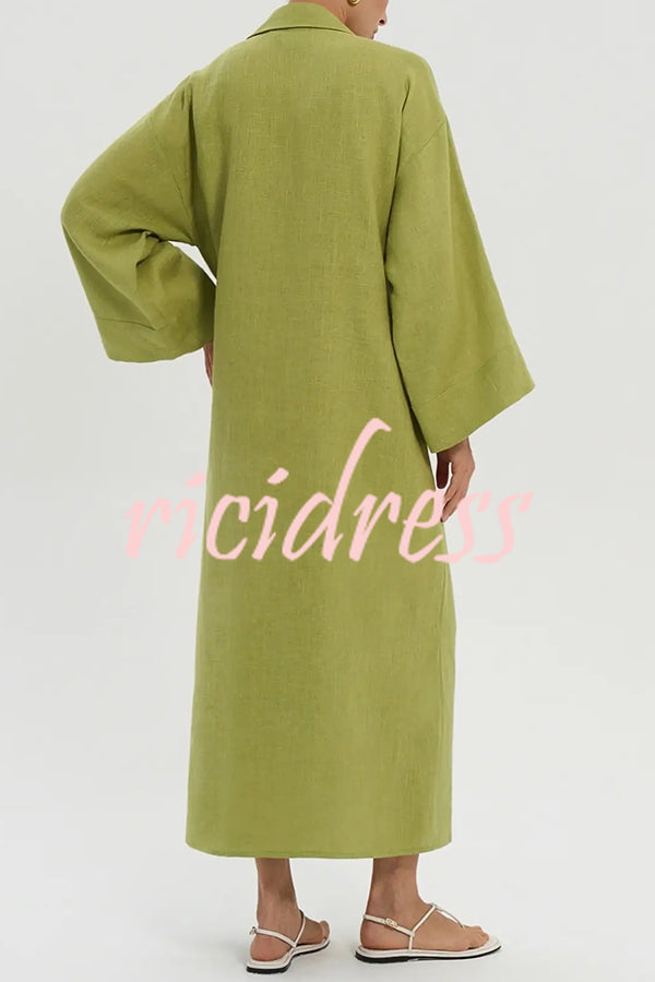 Linen Blend Solid Color Casual Lapel Tie Loose Maxi Dress