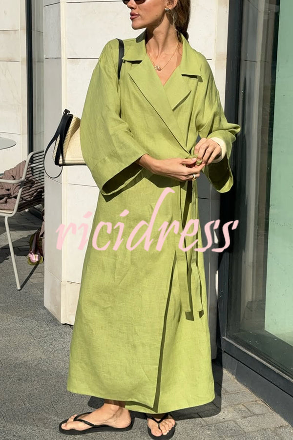 Linen Blend Solid Color Casual Lapel Tie Loose Maxi Dress