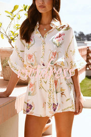 Plant Print Lapel Half Sleeve Tie Waist Loose Rompers