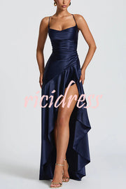 Solid Color Sexy Backless Lace-up Irregular Ruffled Maxi Dress