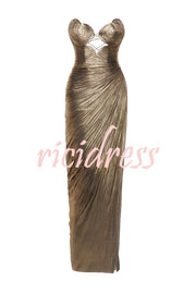 Amisha Metallic Pleated Shell Cups Hollow Gold Pendant Strapless Drape Slit Maxi Dress