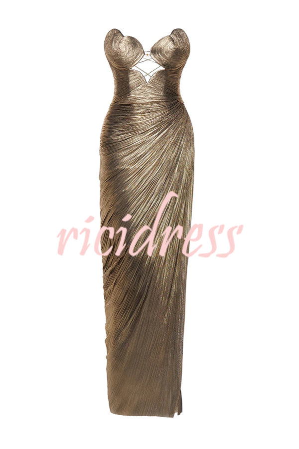 Amisha Metallic Pleated Shell Cups Hollow Gold Pendant Strapless Drape Slit Maxi Dress