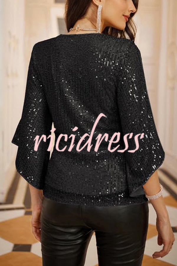 Solid Color Sequined V-neck Hollow Sleeve Slim Fit Top