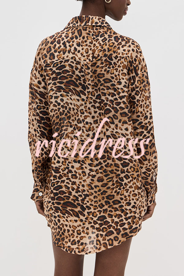 Trisha Linen Blend Leopard Print Long Sleeve Blouse and Elastic Waist Pocket Loose Shorts Set