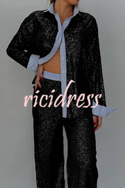 Fashion Sequined Loose Long-sleeved Shirt and Casual Elastic Waist Wide-leg Pants Set