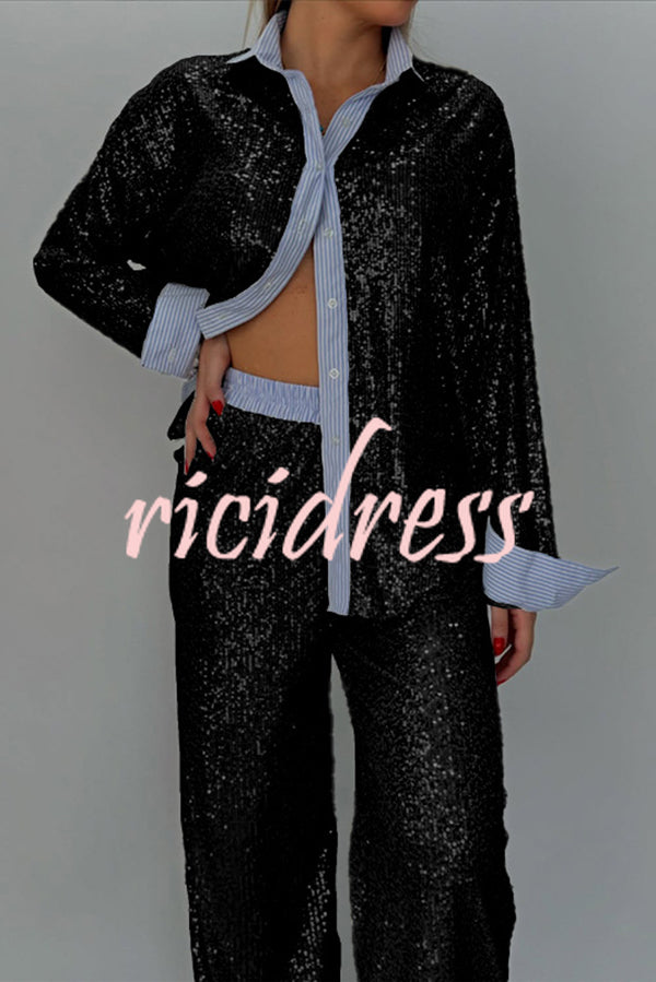 Fashion Sequined Loose Long-sleeved Shirt and Casual Elastic Waist Wide-leg Pants Set