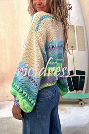 Rainbow Mood Multicolor Round Neck Hollow Long Sleeve Knitted Sweater