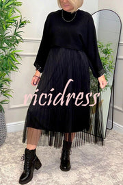 Fenna Ribbed Sequin Trim Batwing Sleeve Sweater and Pleated Tulle Stretch Tank Midi Dress Two-piece Set